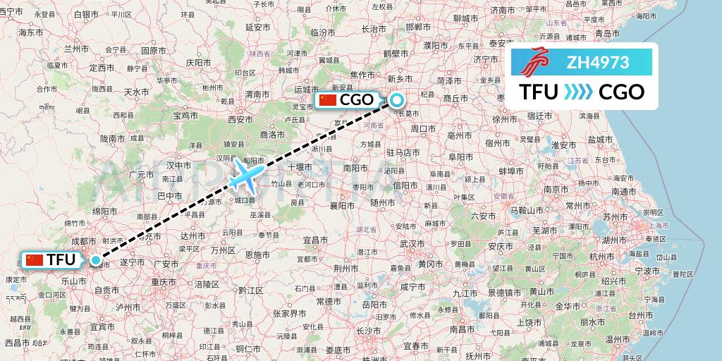 ZH4973 Shenzhen Airlines Flight Map: Chengdu to Zhengzhou