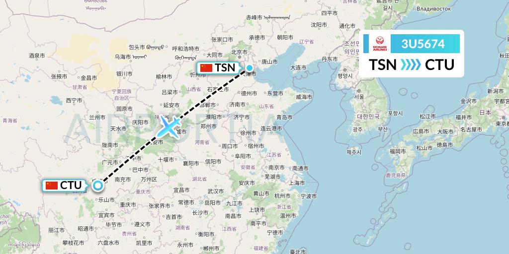 3U5674 Sichuan Airlines Flight Map: Tianjin to Chengdu