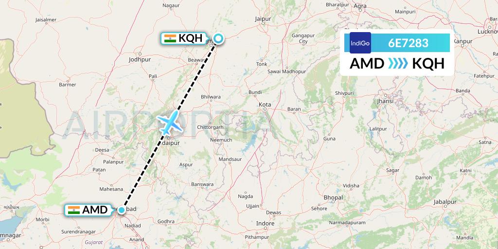6E7283 IndiGo Airlines Flight Map: Ahmedabad to Jaipur