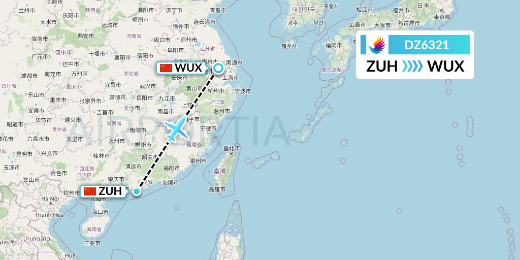 DZ6321 Donghai Airlines Flight Map: Zhuhai to Wuxi