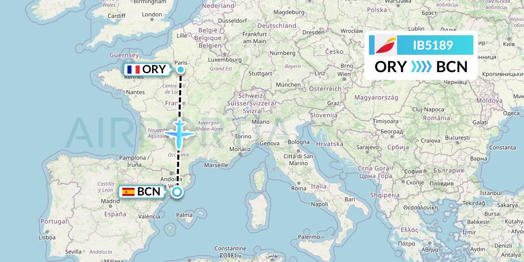 IB5189 Iberia Flight Map: Paris to Barcelona