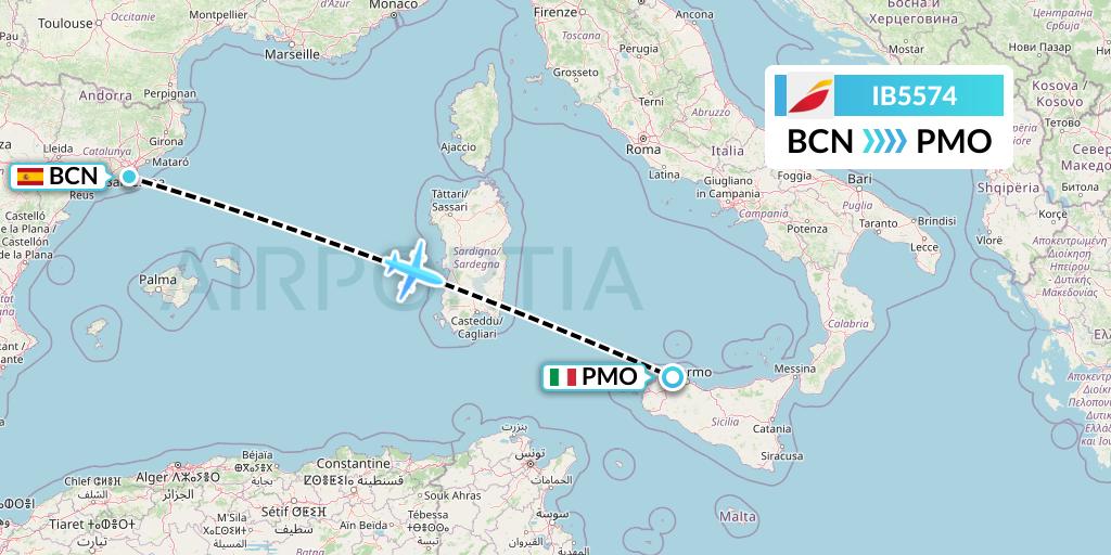 IB5574 Iberia Flight Map: Barcelona to Palermo