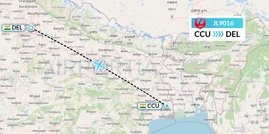 JL9016 Japan Airlines Flight Map: Kolkata to Delhi