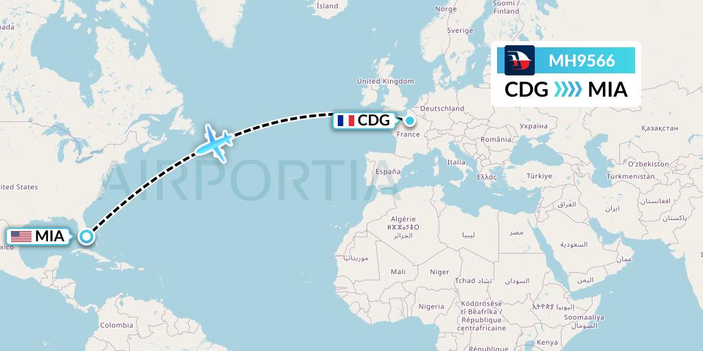 MH9566 Malaysia Airlines Flight Map: Paris to Miami