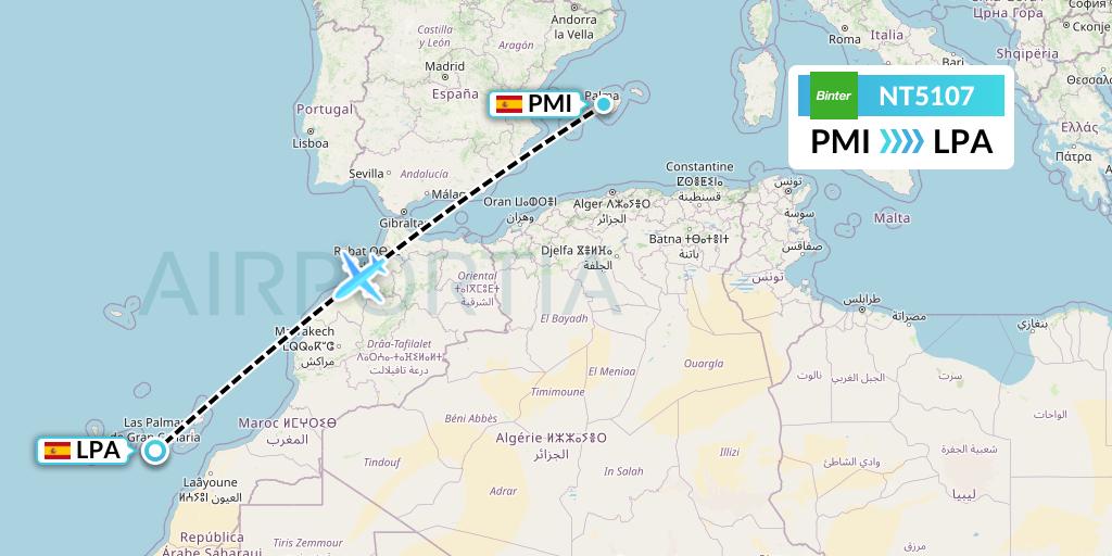 NT5107 Binter Canarias Flight Map: Palma de Mallorca to Las Palmas