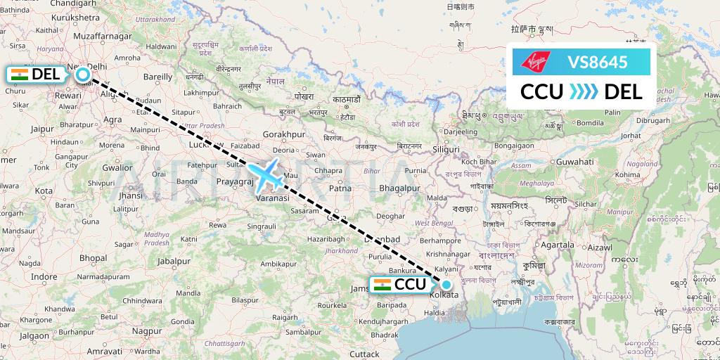 VS8645 Virgin Atlantic Airways Flight Map: Kolkata to Delhi