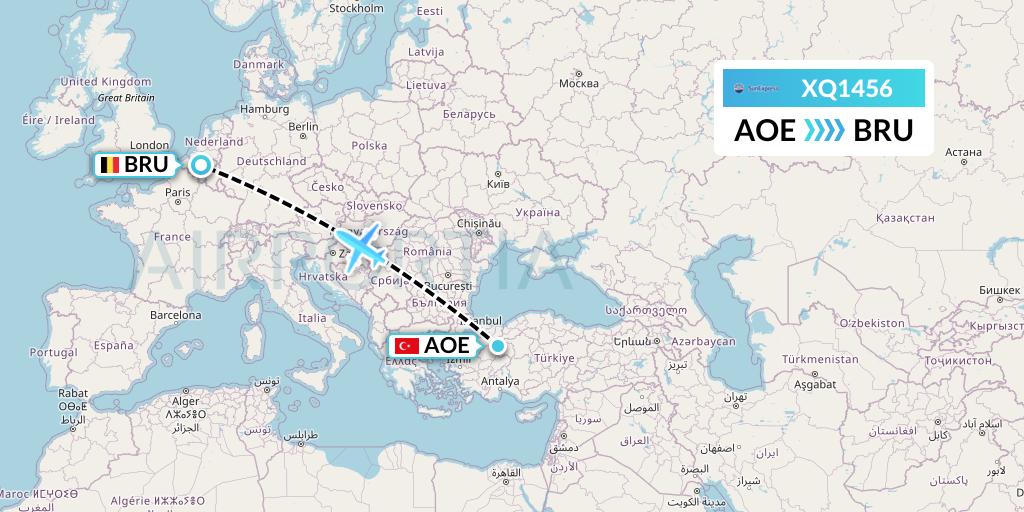 XQ1456 SunExpress Flight Map: Eskisehir to Brussels