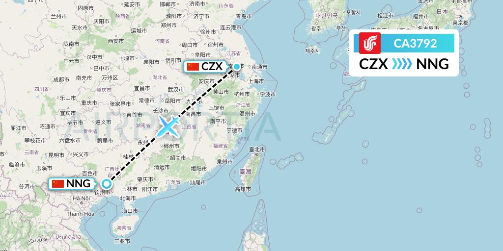 CA3792 Air China Flight Map: Changzhou to Nanning