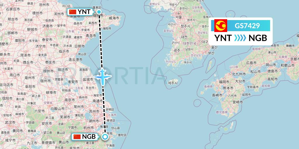 GS7429 Tianjin Airlines Flight Map: Yantai to Ningbo