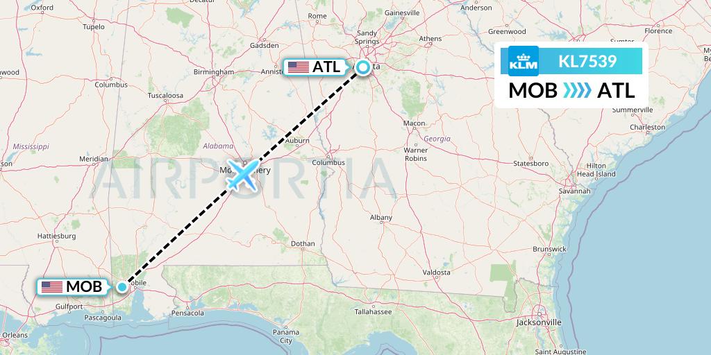 KL7539 KLM Flight Map: Mobile to Atlanta