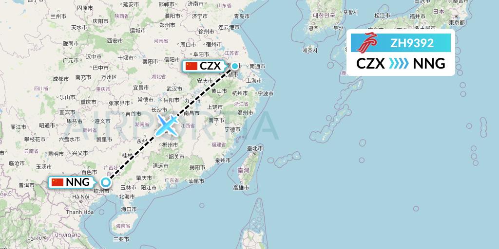 ZH9392 Shenzhen Airlines Flight Map: Changzhou to Nanning