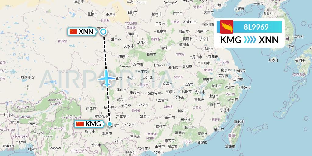8L9969 Lucky Air Flight Map: Kunming to Xining