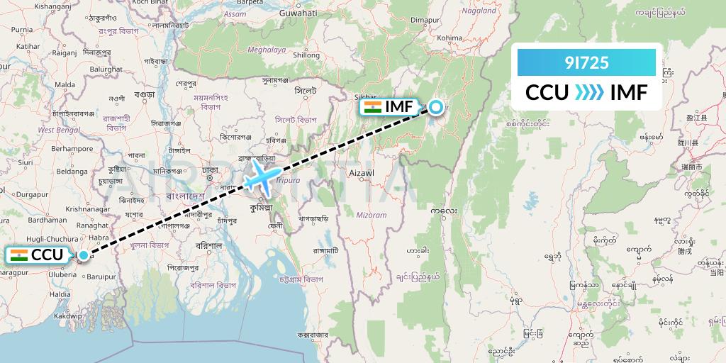 9I725 Air India Regional Flight Map: Kolkata to Imphal