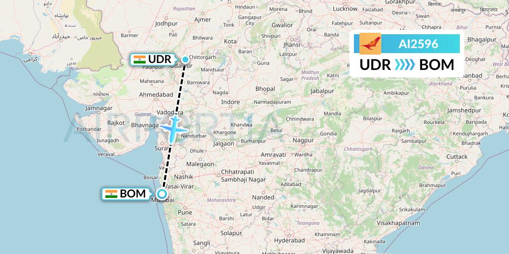 AI2596 Air India Flight Map: Udaipur to Mumbai