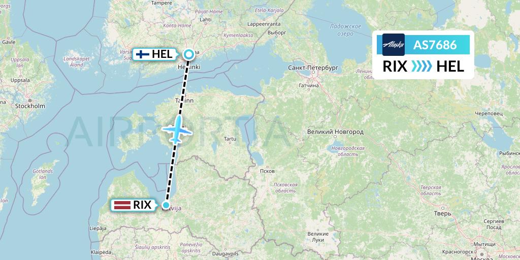 AS7686 Alaska Airlines Flight Map: Riga to Helsinki
