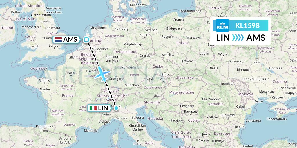 KL1598 KLM Flight Map: Milan to Amsterdam
