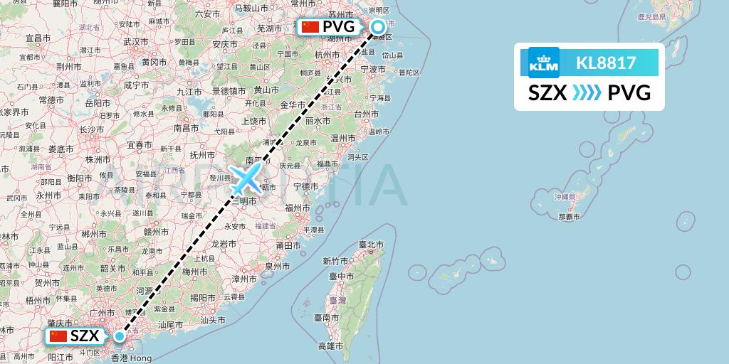 KL8817 KLM Flight Map: Shenzhen to Shanghai
