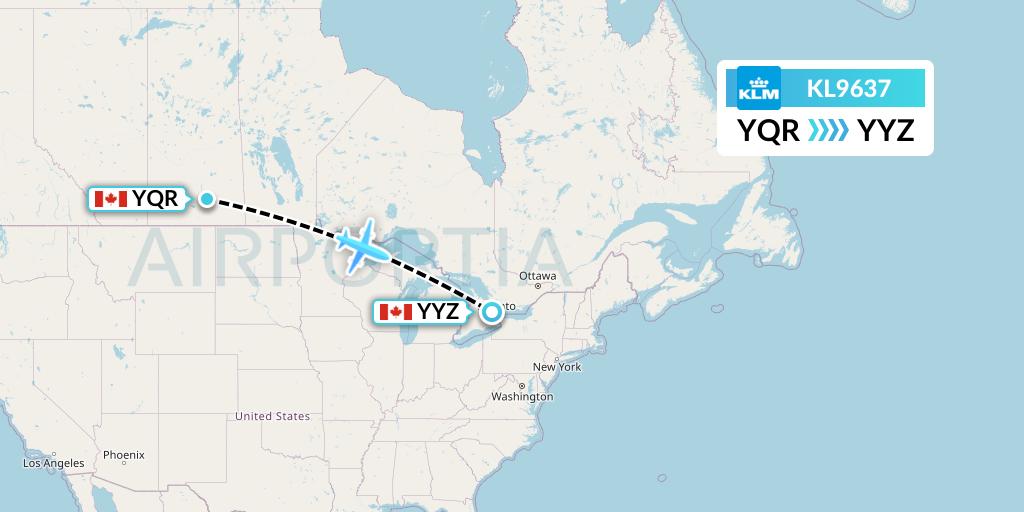 KL9637 KLM Flight Map: Regina to Toronto
