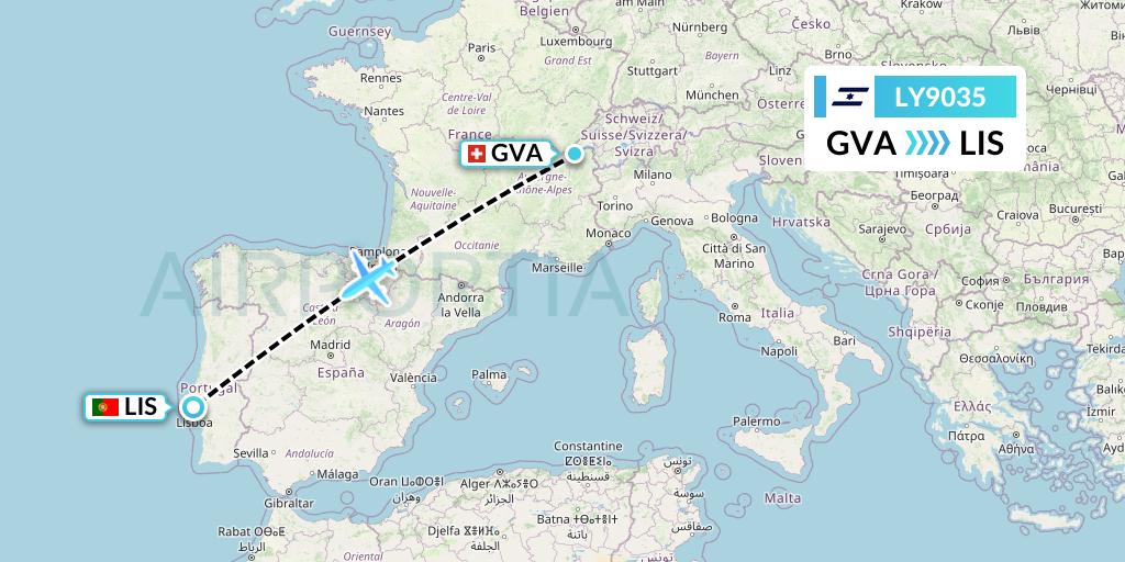 LY9035 El Al Flight Map: Geneva to Lisbon