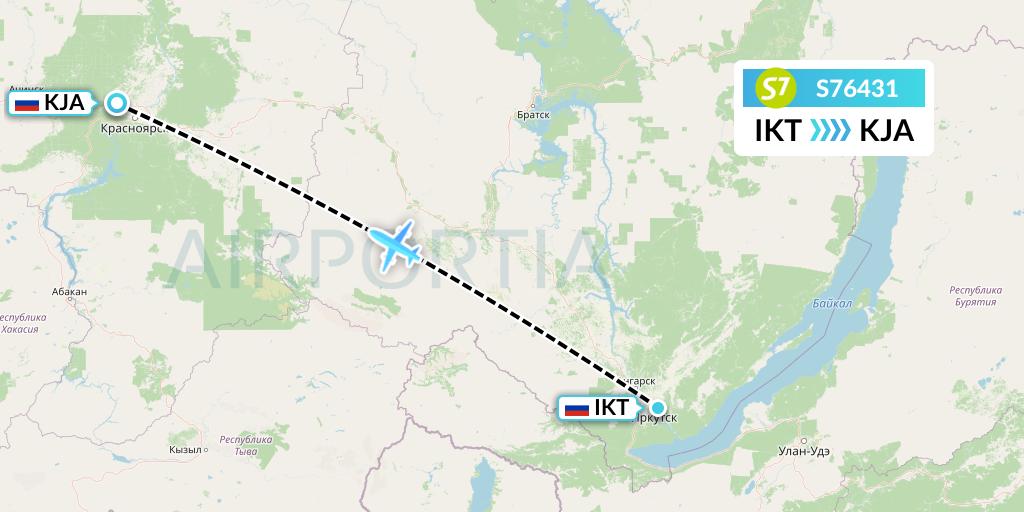 S76431 S7 Airlines Flight Map: Irkutsk to Krasnoyarsk
