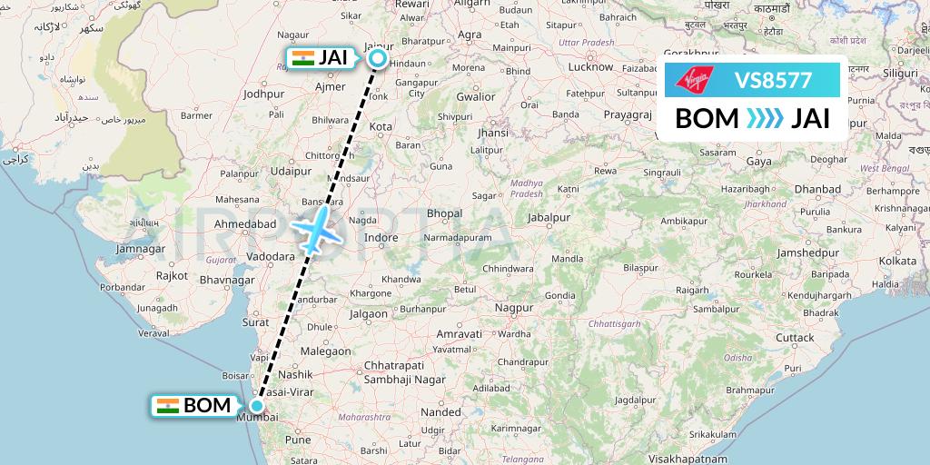 VS8577 Virgin Atlantic Airways Flight Map: Mumbai to Jaipur