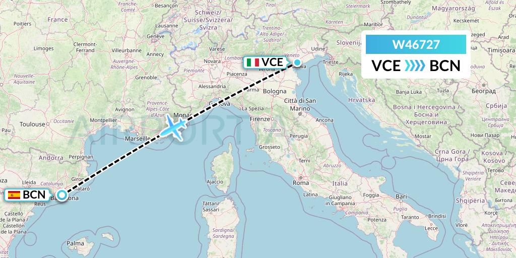 W46727 Wizz Air Malta Flight Map: Venice to Barcelona