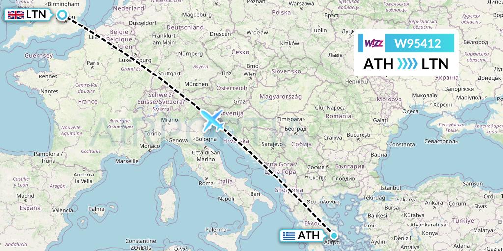 W95412 Wizz Air UK Flight Map: Athens to London