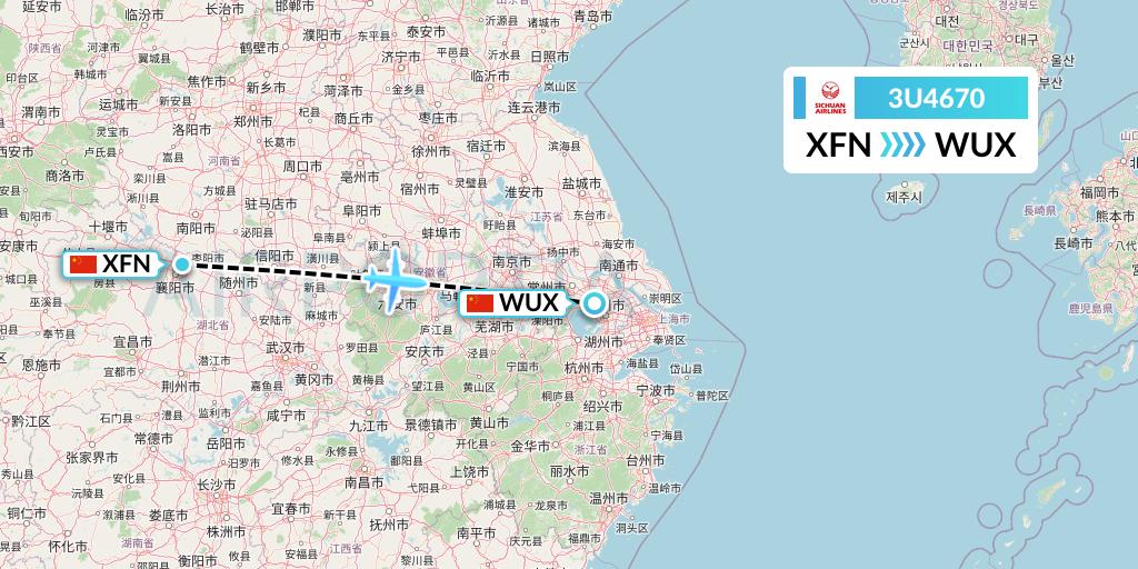 3U4670 Sichuan Airlines Flight Map: Xiangyang to Wuxi
