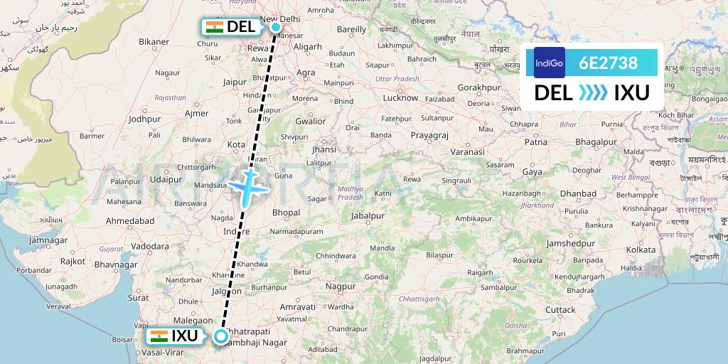 6E2738 IndiGo Airlines Flight Map: Delhi to Aurangabad