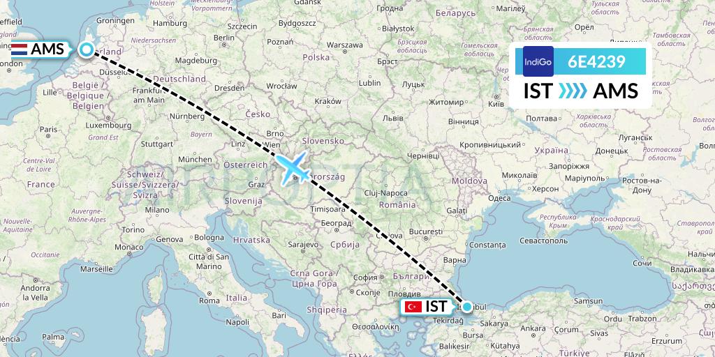 6E4239 IndiGo Airlines Flight Map: Istanbul to Amsterdam