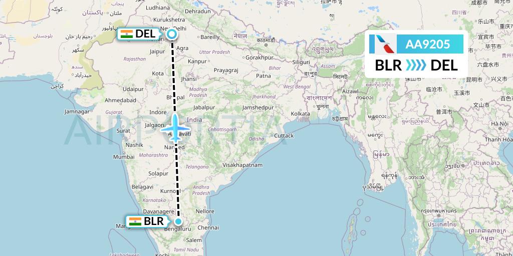 AA9205 American Airlines Flight Map: Bangalore to Delhi