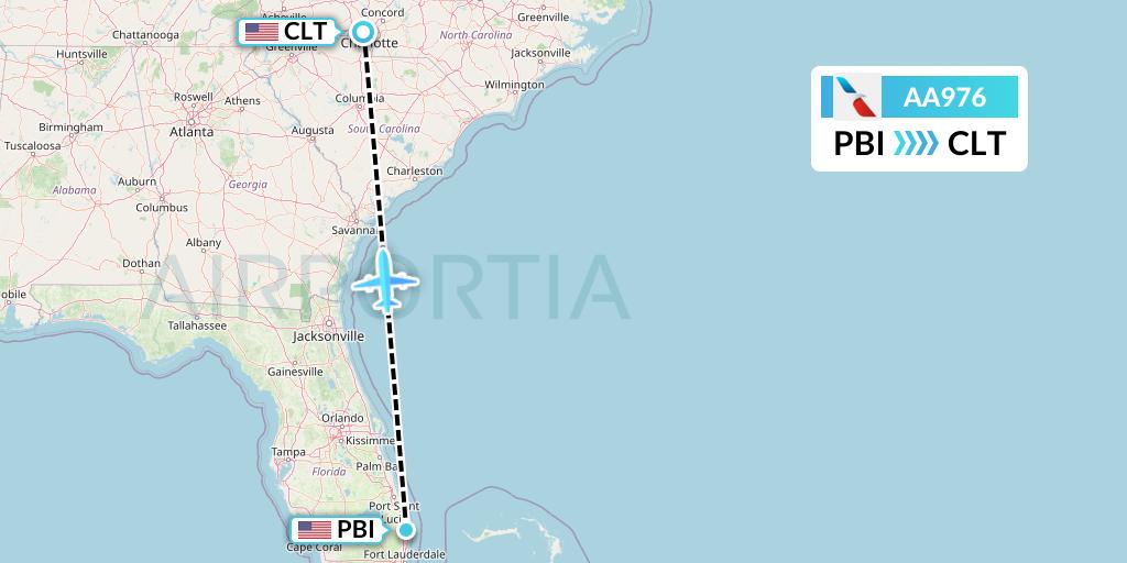 AA976 American Airlines Flight Map: West Palm Beach to Charlotte