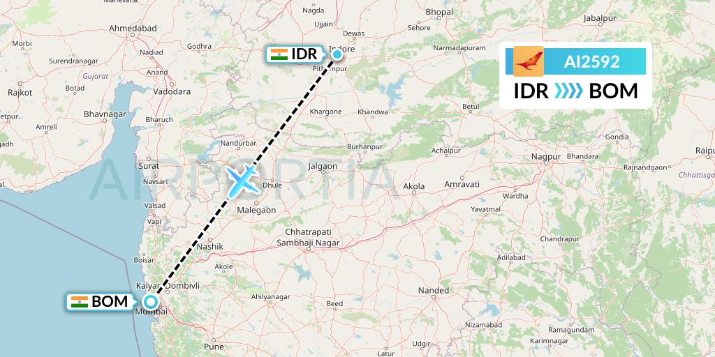 AI2592 Air India Flight Map: Indore to Mumbai