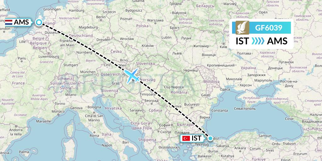GF6039 Gulf Air Flight Map: Istanbul to Amsterdam