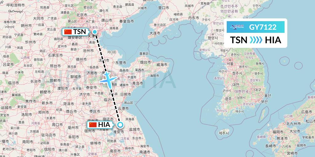 GY7122 Colorful GuiZhou Airlines Flight Map: Tianjin to Huai'an