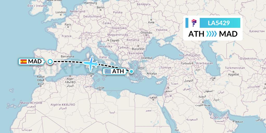 LA5429 LAN Airlines Flight Map: Athens to Madrid