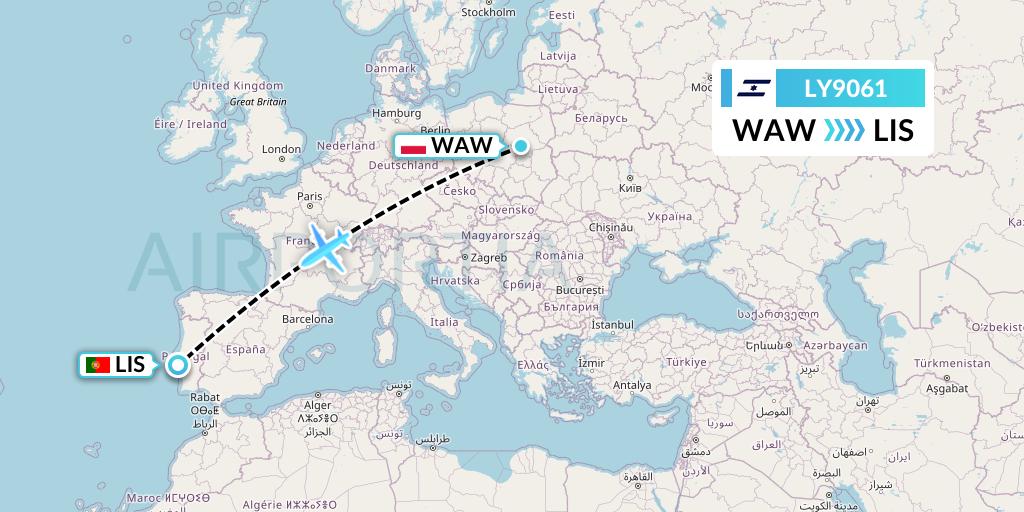 LY9061 El Al Flight Map: Warsaw to Lisbon
