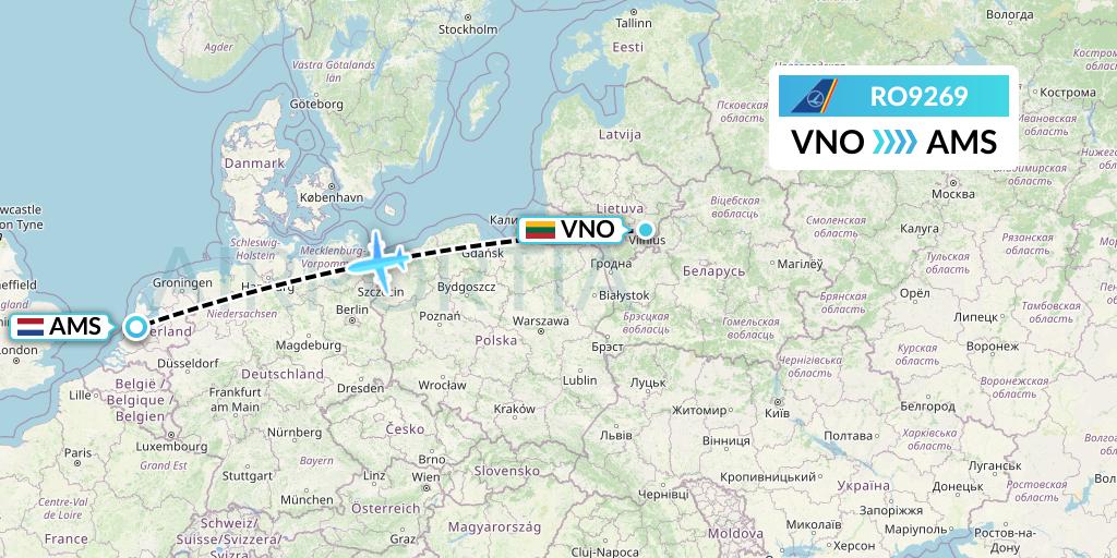 RO9269 Tarom Flight Map: Vilnius to Amsterdam