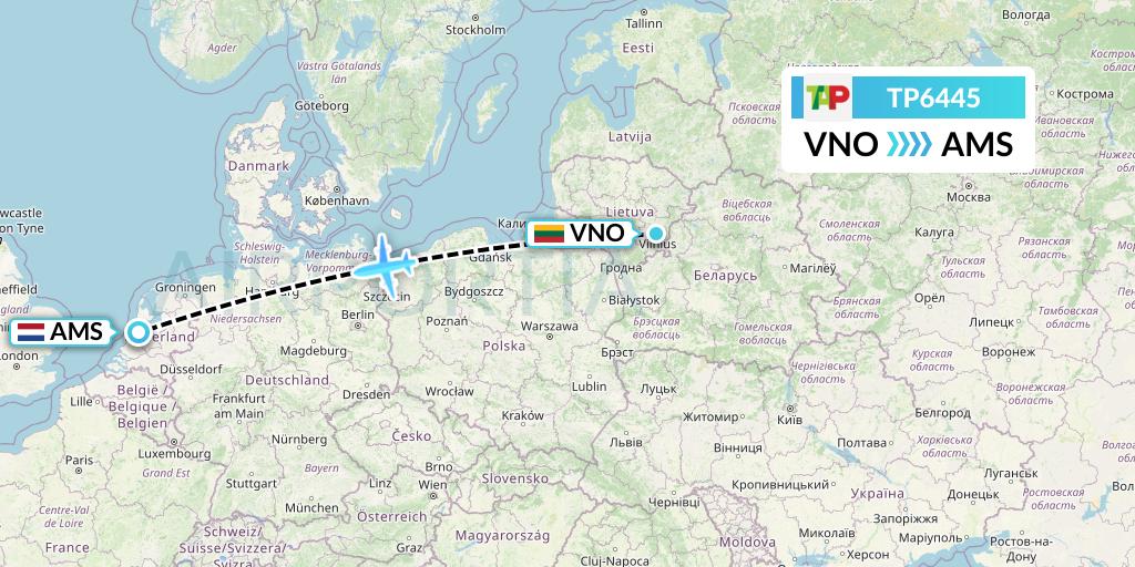 TP6445 TAP Portugal Flight Map: Vilnius to Amsterdam