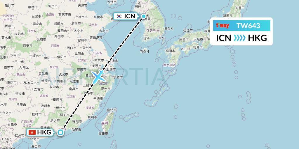 TW643 T'way Air Flight Map: Seoul to Hong Kong