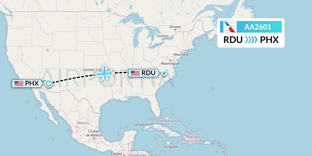 AA2601 American Airlines Flight Map: Raleigh-Durham to Phoenix