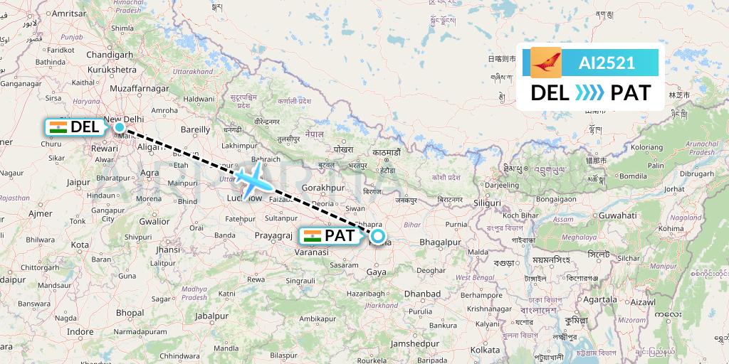AI2521 Air India Flight Map: Delhi to Patna