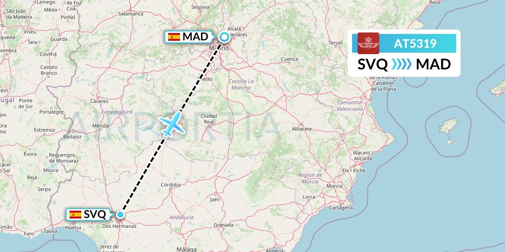AT5319 Royal Air Maroc Flight Map: Seville to Madrid