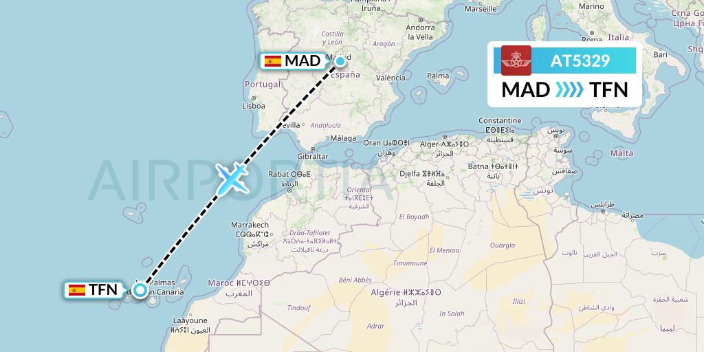 AT5329 Royal Air Maroc Flight Map: Madrid to Tenerife
