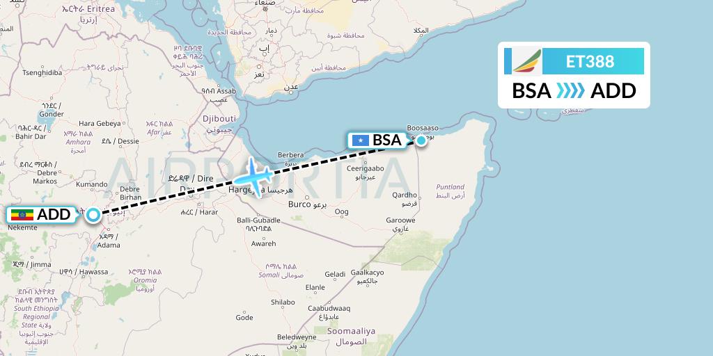 ET388 Ethiopian Airlines Flight Map: Bosaso to Addis Ababa
