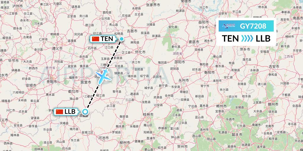 GY7208 Colorful GuiZhou Airlines Flight Map: Tongren to Libo