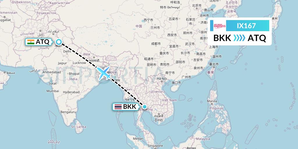 IX167 Air India Express Flight Map: Bangkok to Amritsar
