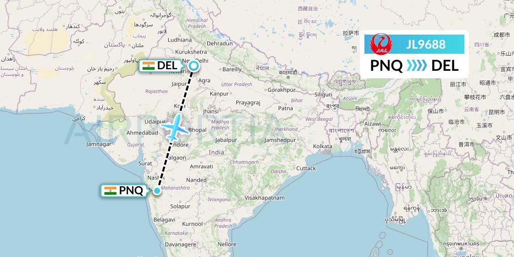 JL9688 Japan Airlines Flight Map: Pune to Delhi