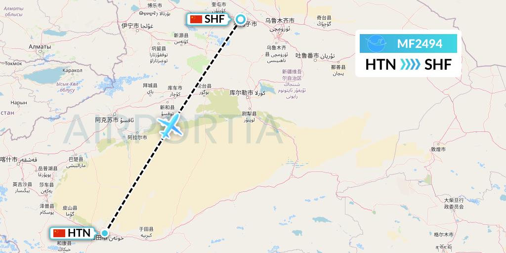 MF2494 Xiamen Airlines Flight Map: Hotan to Shihezi