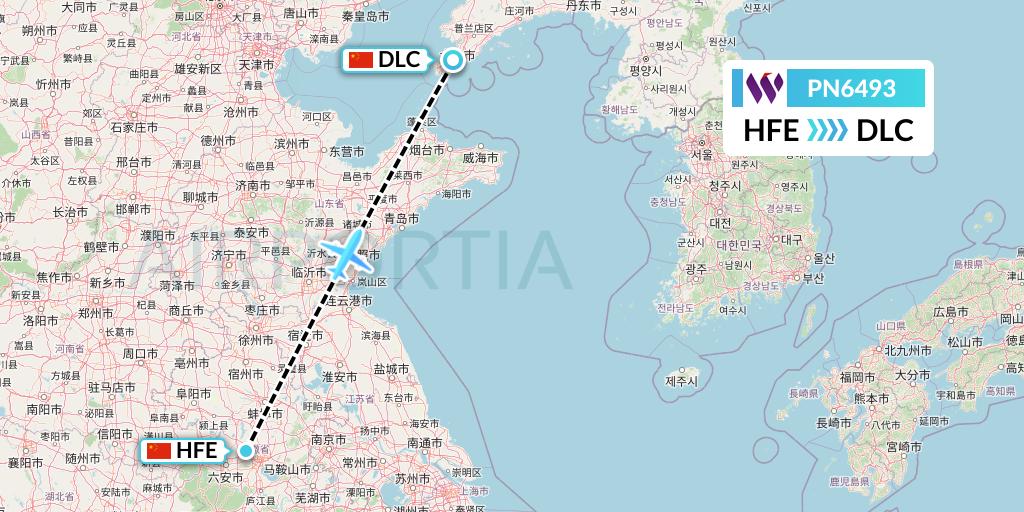 PN6493 China West Air Flight Map: Hefei to Dalian